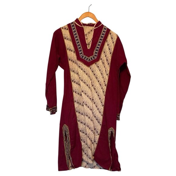Handmade Dresses & Skirts - Women's M Maroon Long Sleeve Cotton Pakistani Indian Style Dress Punjabi Party